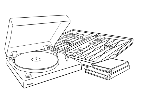 Illustration of record player, board game, and book.