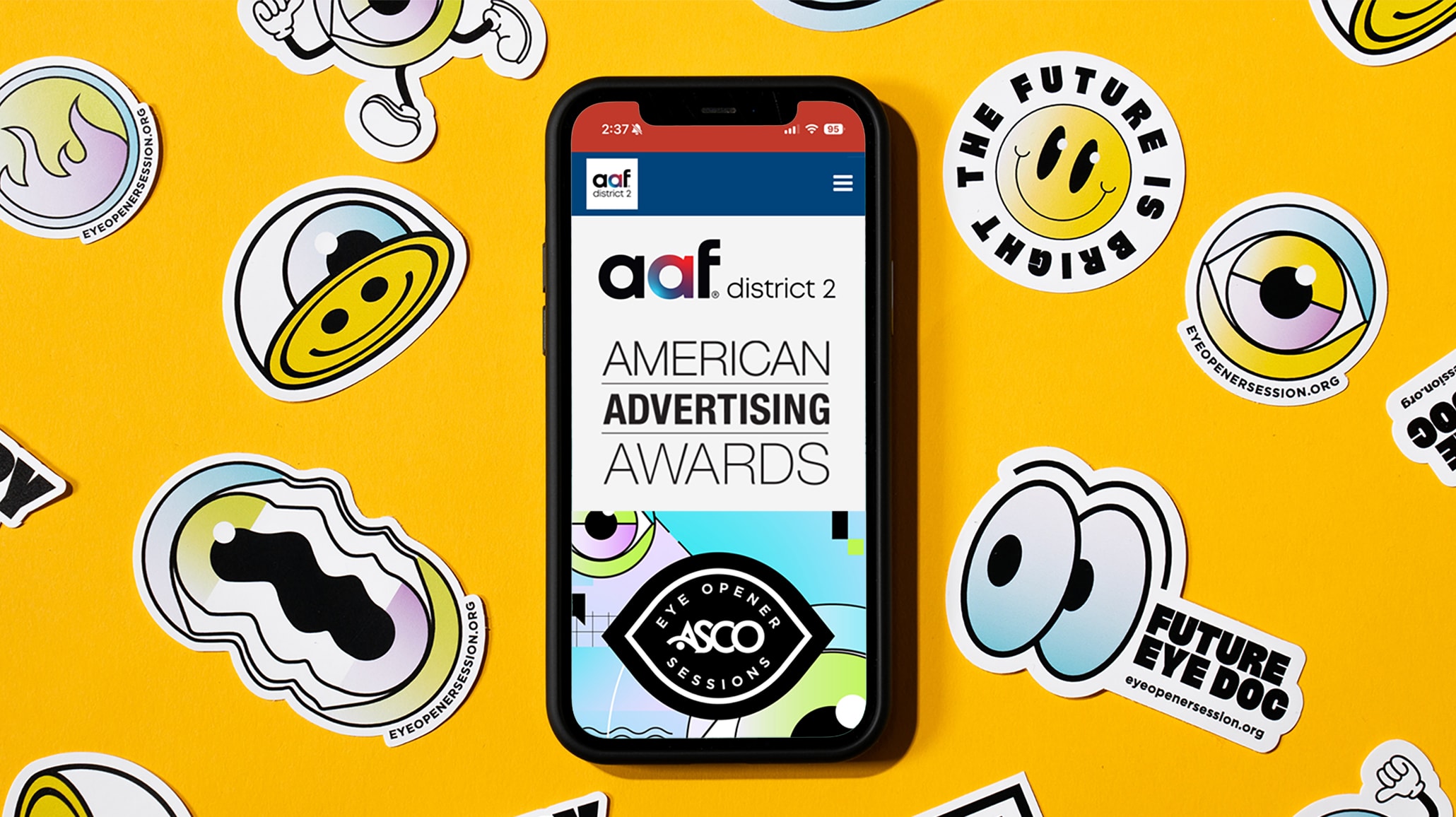 Smartphone displaying the American Advertising Awards webpage featuring ASCO.