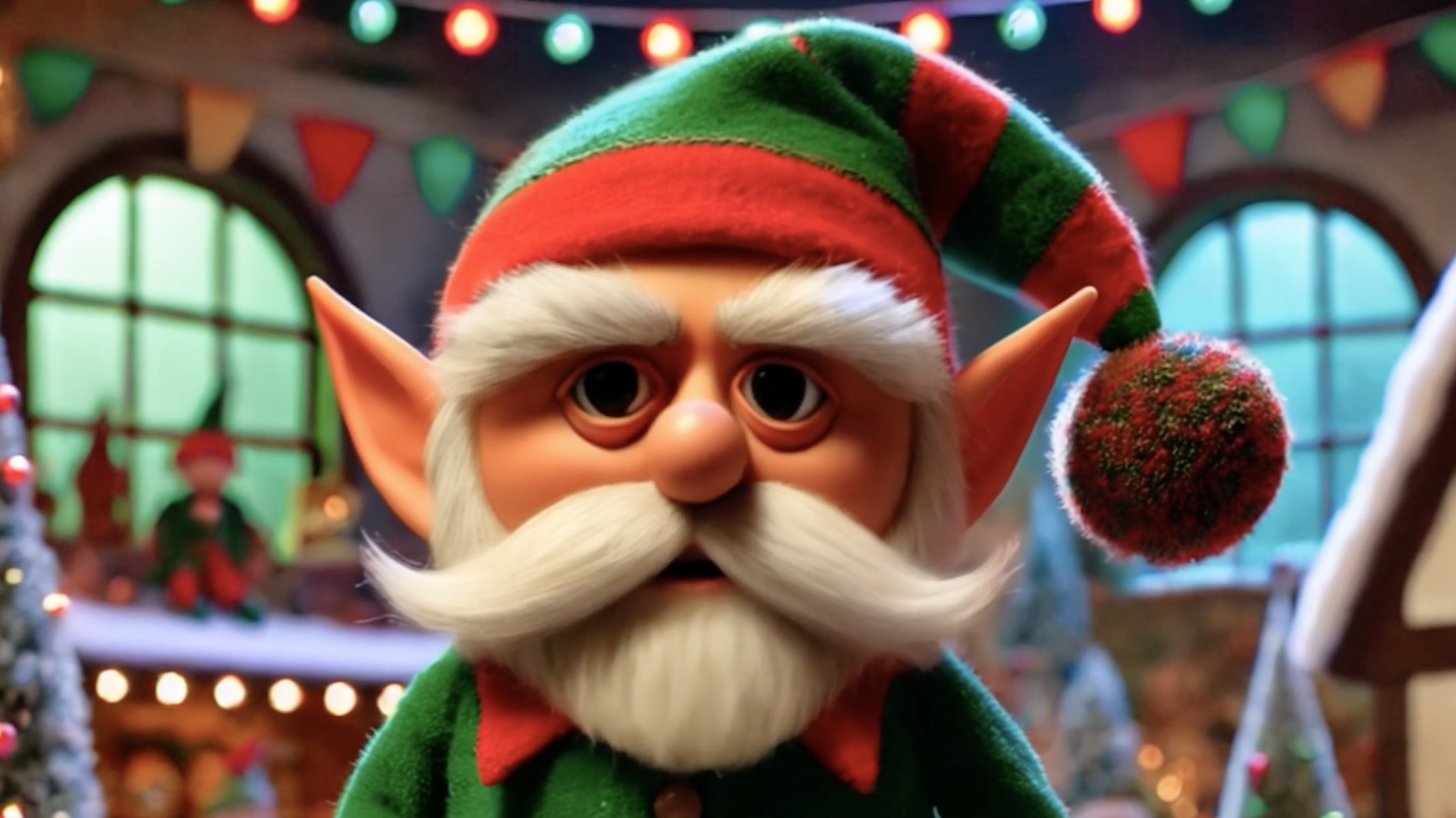 An elderly Christmas elf in a green and red outfit speaking to the camera