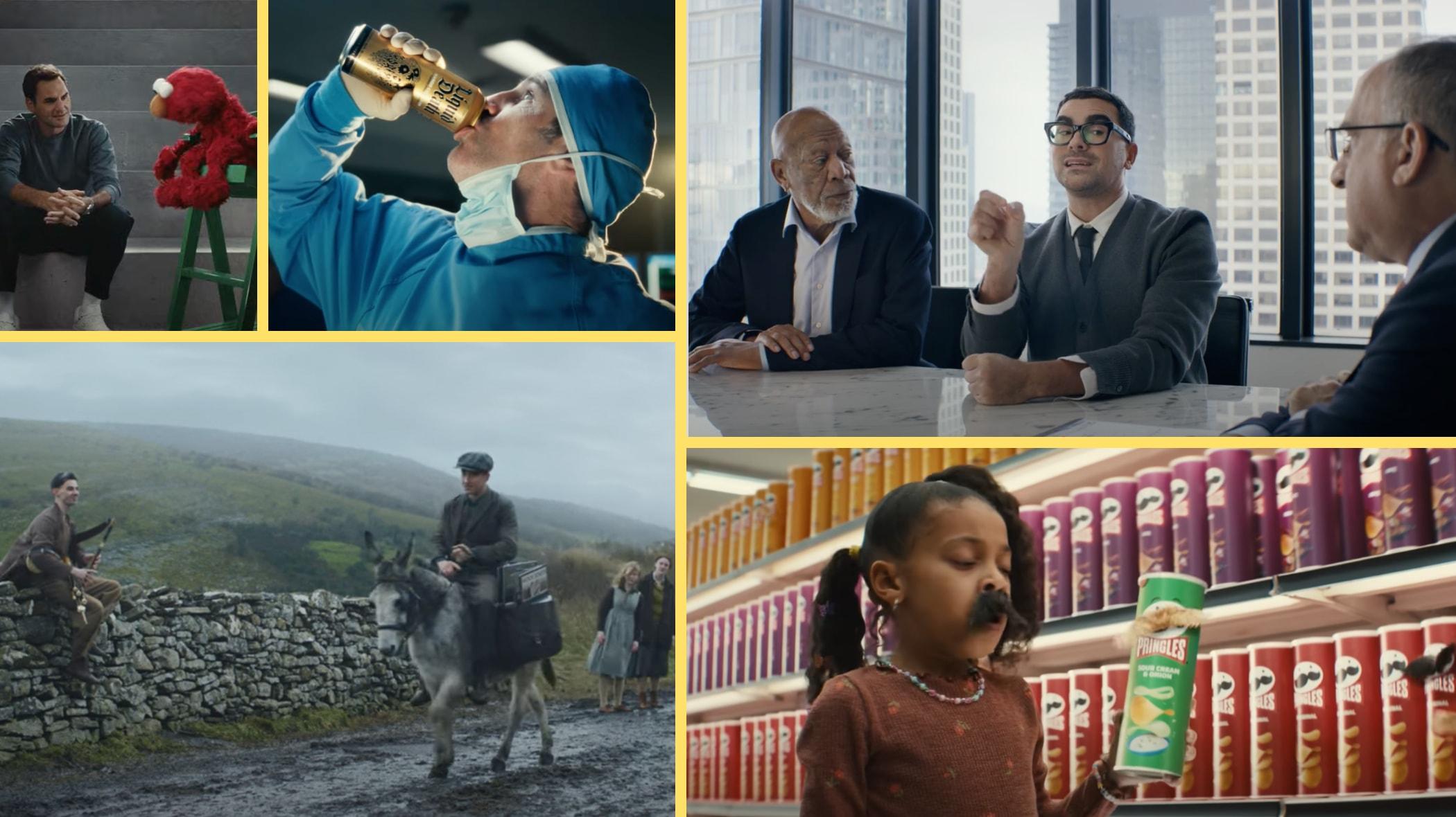 A grid of screenshots from the On, Liquid Death, Squarespace, Homes.com, and Pringles commercials